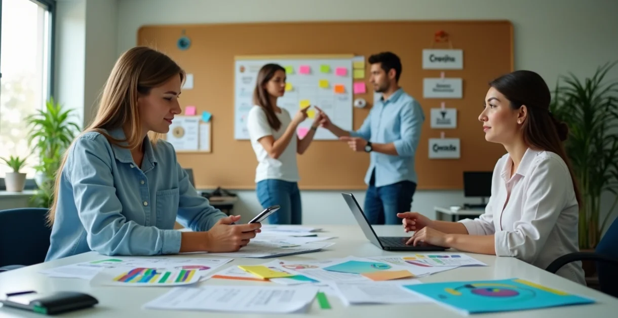Equipe de marketing escolar organizando campanha de captação com celular e tablet