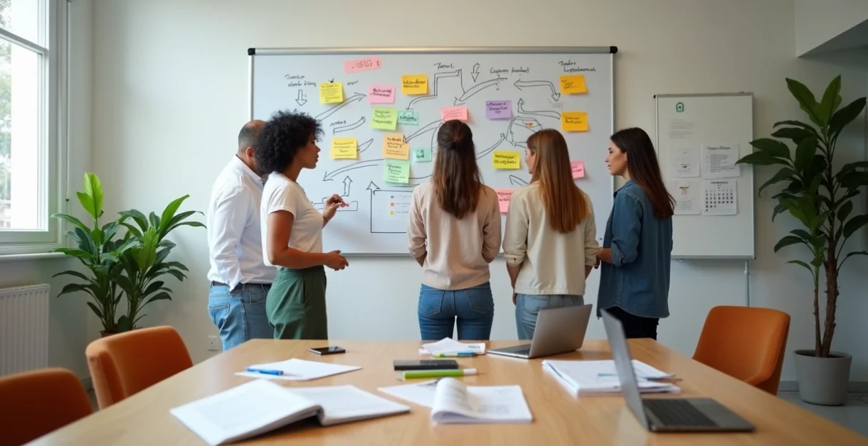 Equipe escolar planejando estratégias de captação em parede com post-its coloridos
