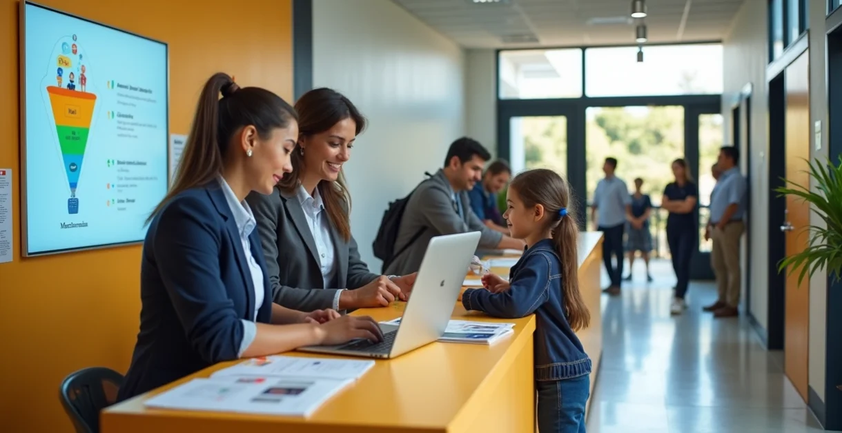 Equipe escolar recebendo pais e alunos na recepção da escola