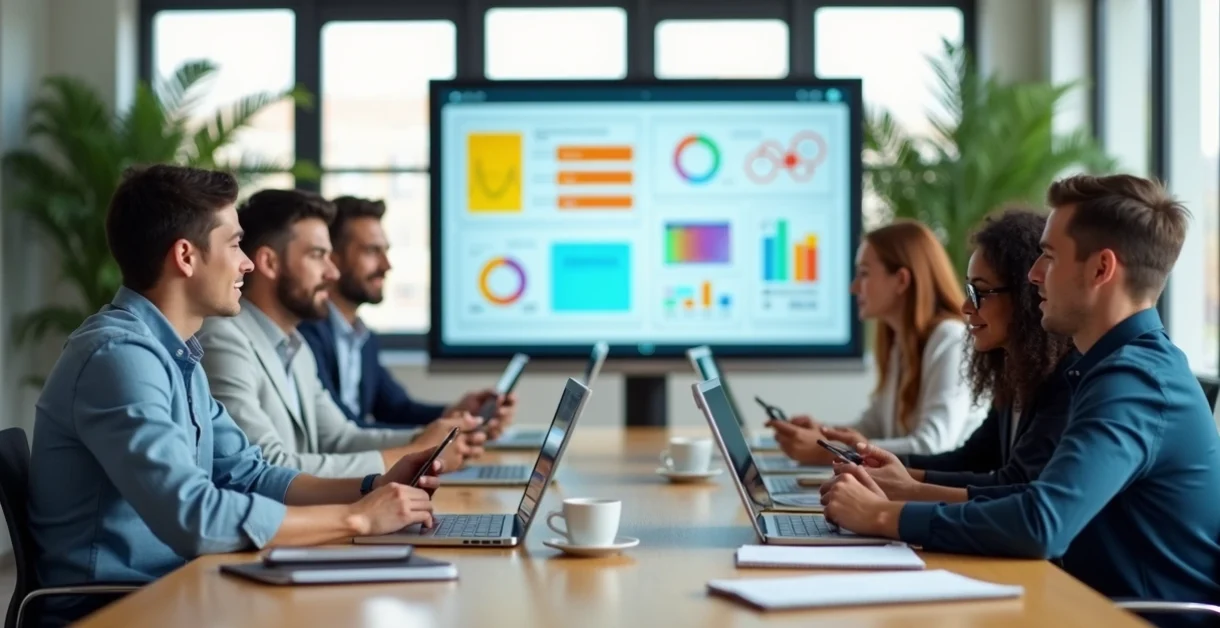 Equipe escolar durante reunião com dispositivos digitais e gráficos de comunicação na tela