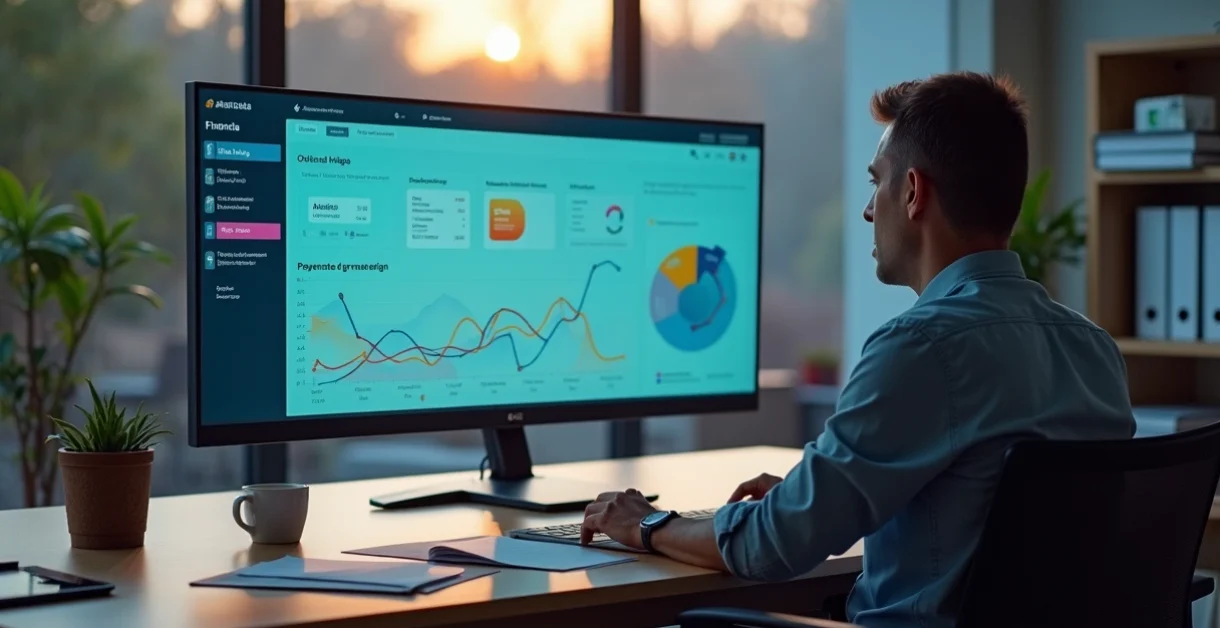 Gestora escolar analisando painel financeiro digital em escritório moderno
