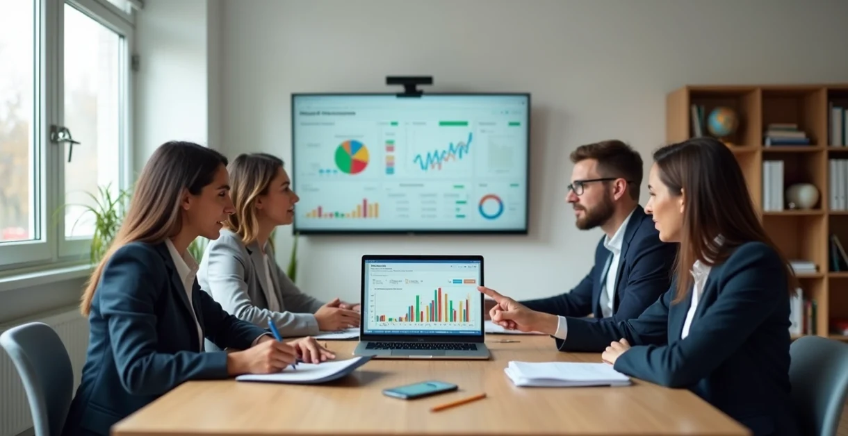 Equipe escolar analisando controle financeiro digital em painel com gráficos