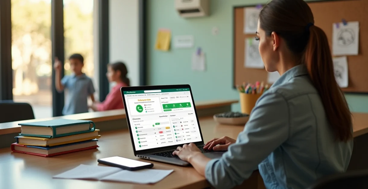 Gestora escolar em secretária moderna automatizando cobranças pelo WhatsApp em notebook