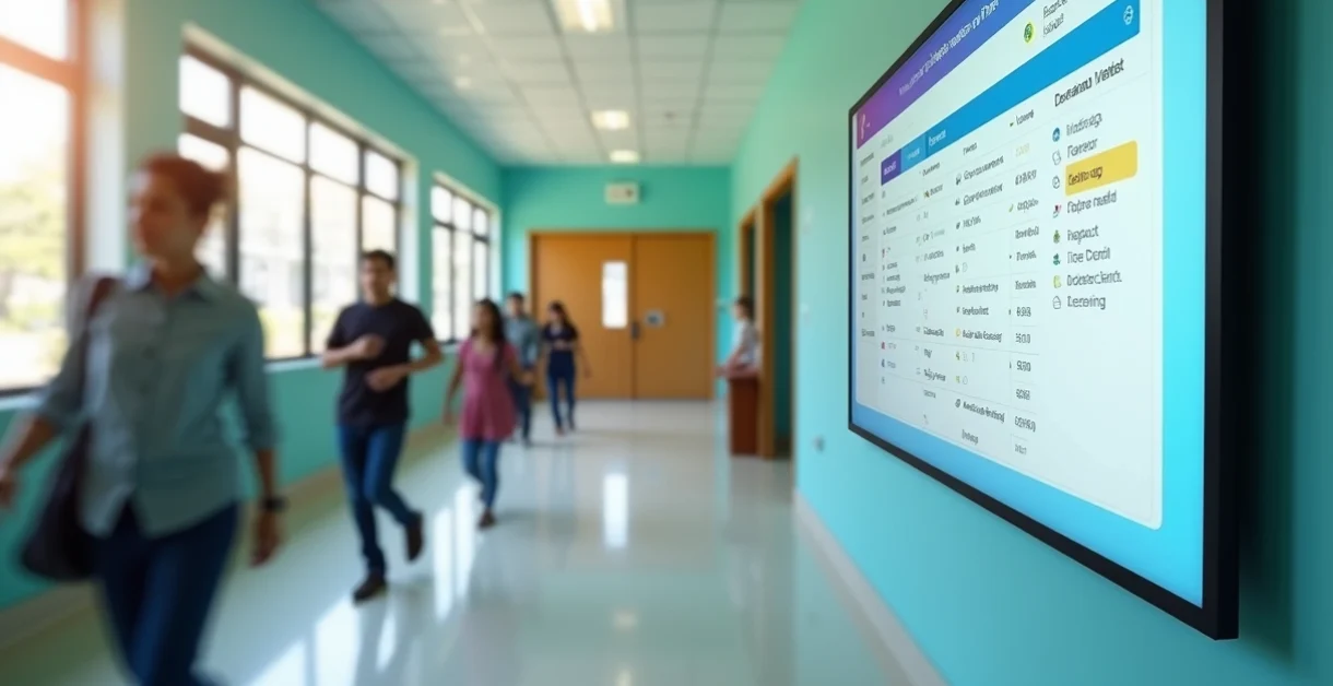 Corredor escolar com tela digital exibindo gestão de matrículas online