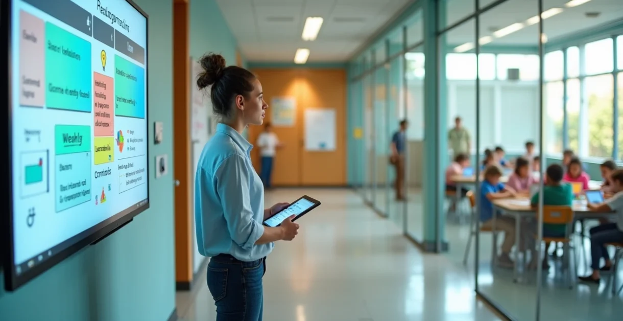 Coordenadora observando sala com alunos e painel digital no corredor escolar