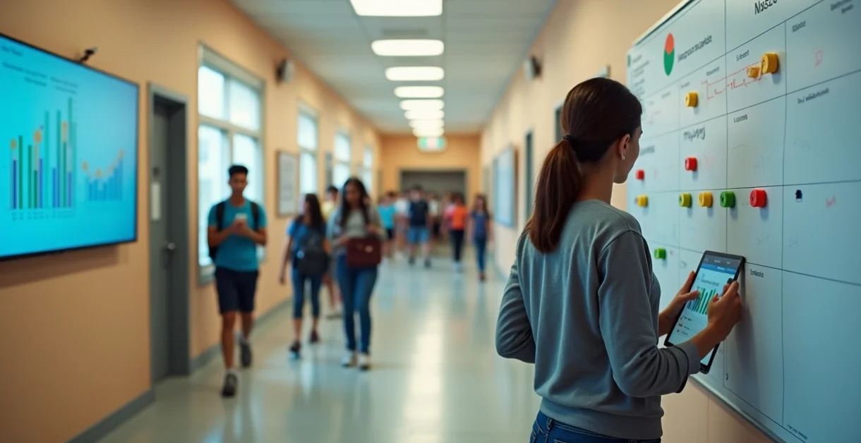 Gestora em corredor escolar verificando mural com mapa de presença dos alunos
