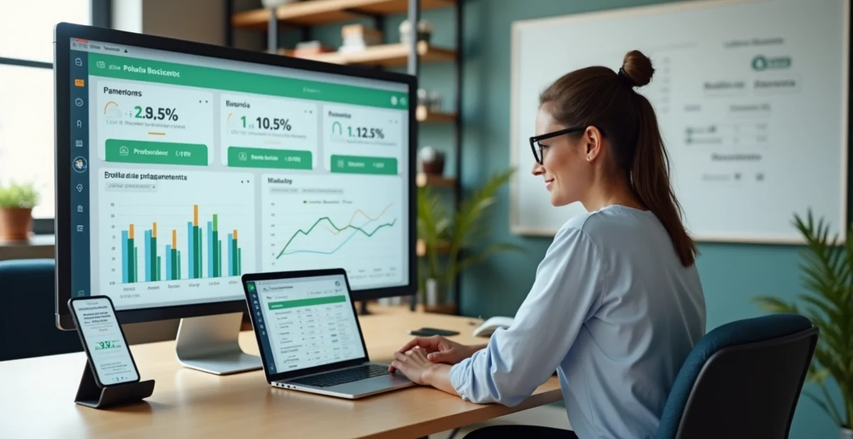 Gestor de curso livre analisando inadimplência e pagamentos em painel digital