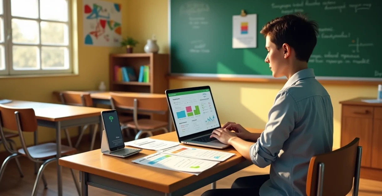Diretora de escola pequena comparando sistemas de gestão em notebook na sala de aula vazia