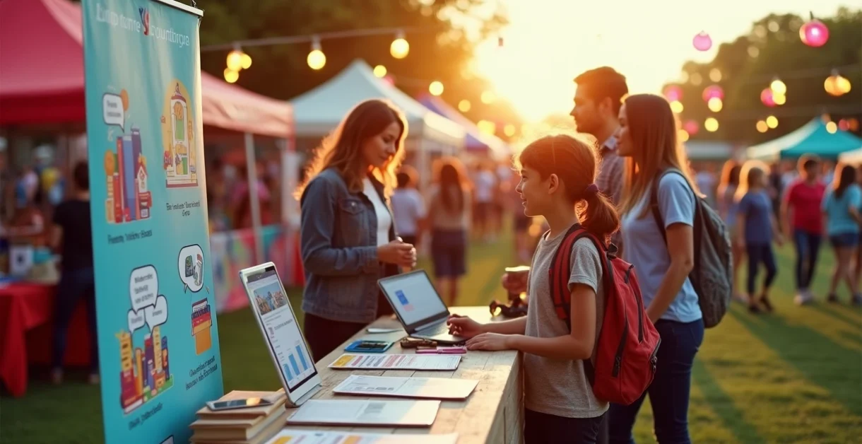 Diretora escolar apresentando estande informativo em feira comunitária lotada