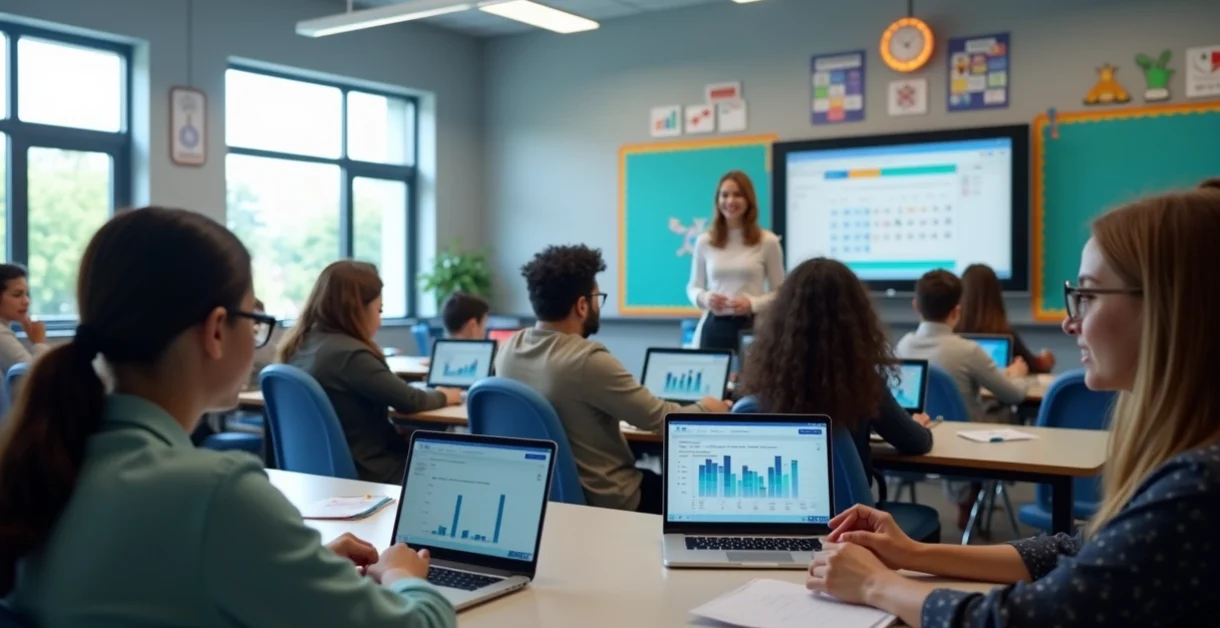 Sala de aula moderna com professores e alunos usando computadores e tablets conectados a sistema online de gestão escolar