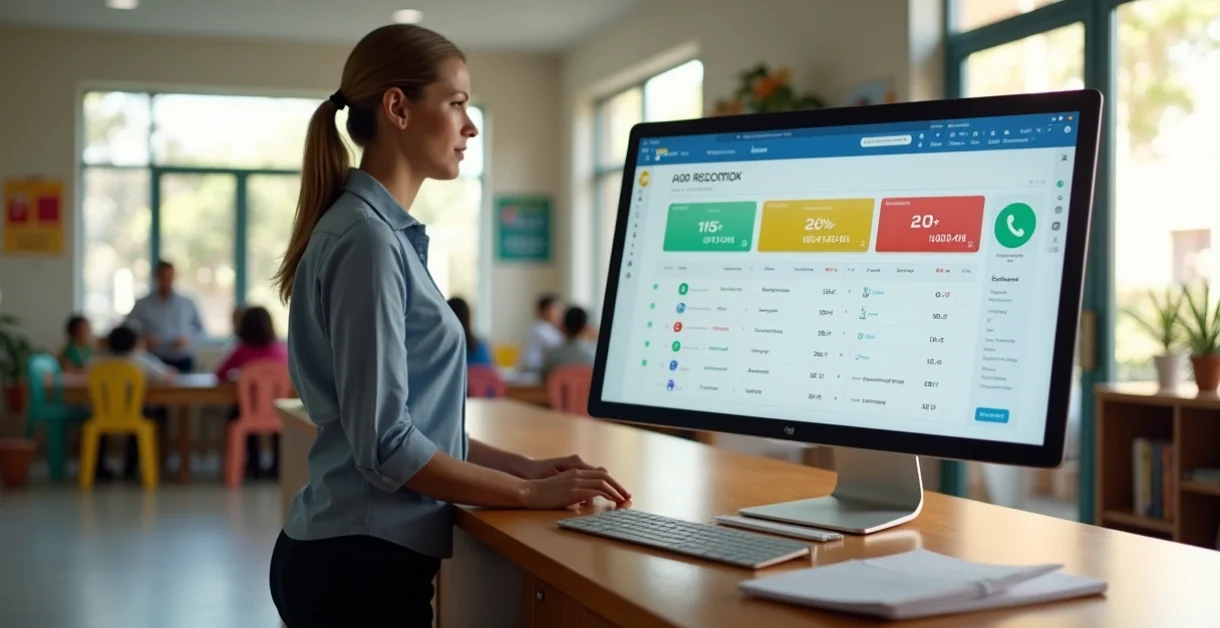 Gestor de escola pequena usando sistema de gestão digital em sala com poucos alunos