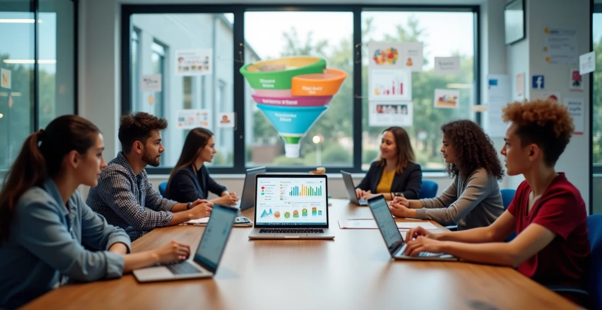Equipe escolar analisando estratégias de marketing para aumentar matrículas em ambiente moderno