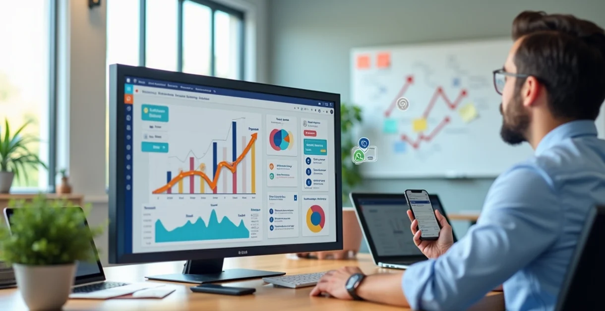 Gestor escolar analisando funil de matrículas em painel digital com gráficos