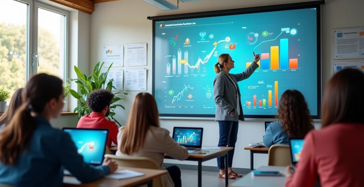 Sala de aula moderna com alunos usando laptops e professor apresentando gráficos digitais em tela interativa