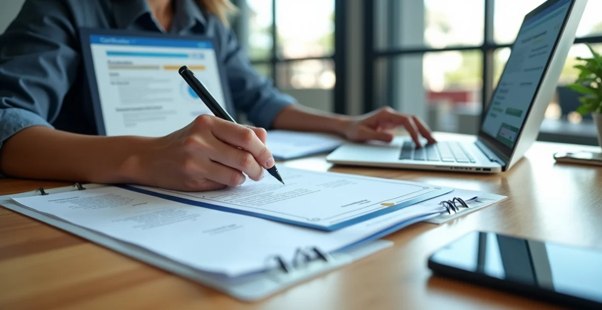 Profissional conferindo certificados e contratos de curso em mesa com laptop