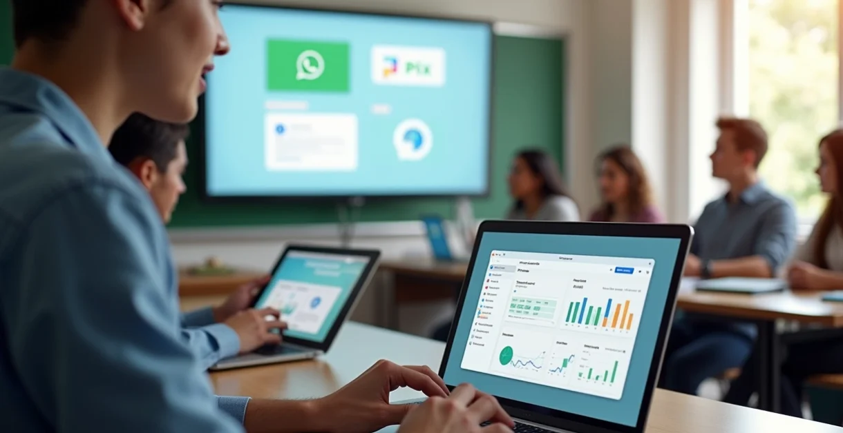 Professor usando plataforma digital para gerenciar aulas com alunos em sala de aula moderna