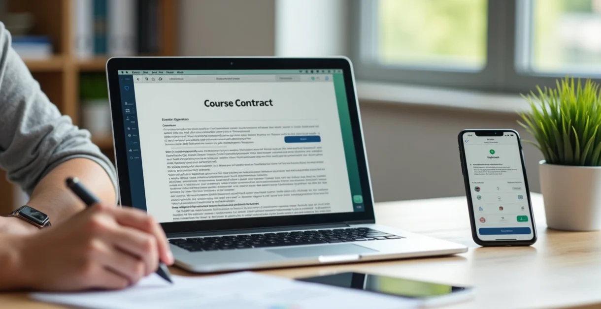 Gestor de escola analisando contrato digital em notebook com tablet e smartphone sobre a mesa