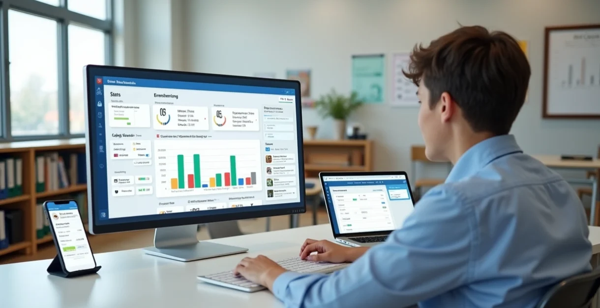 Gestor escolar analisando painel digital de controle de matrículas