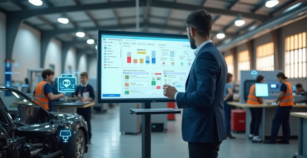 Gestor de curso profissionalizante usando painel digital em oficina moderna