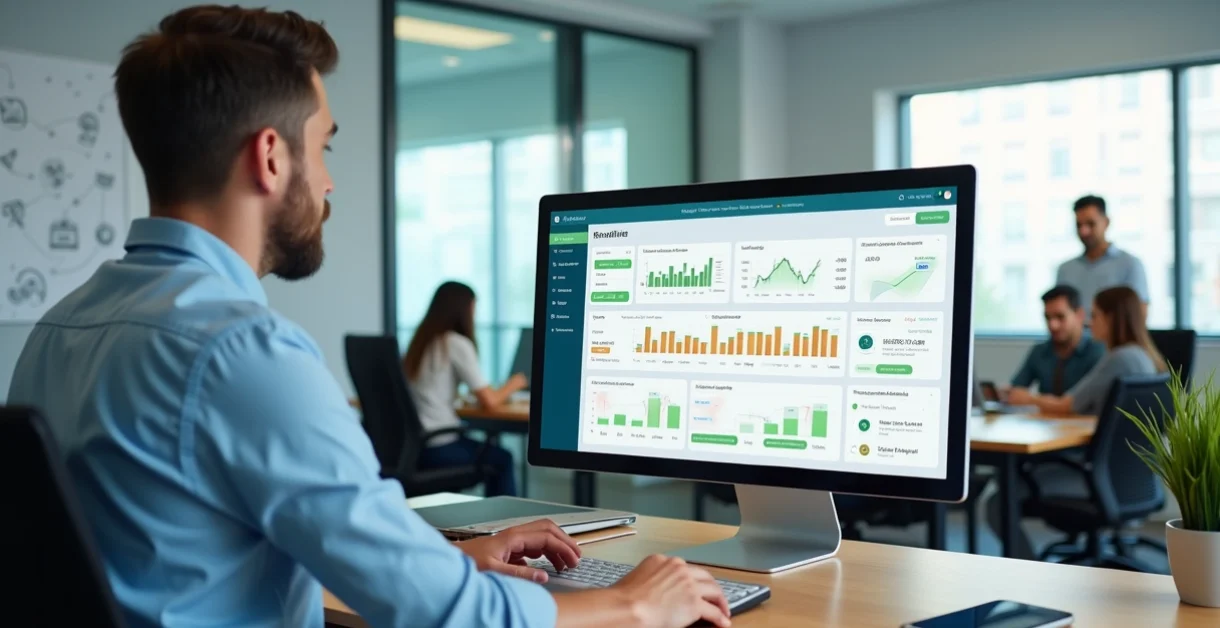 Gestor analisando sistema de gestão de cursos em tela grande com alunos ao fundo