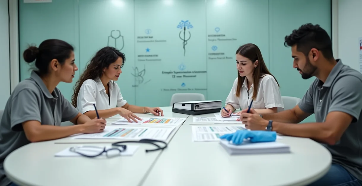 Gestores planejando curso técnico em saúde com prontuários e símbolos médicos