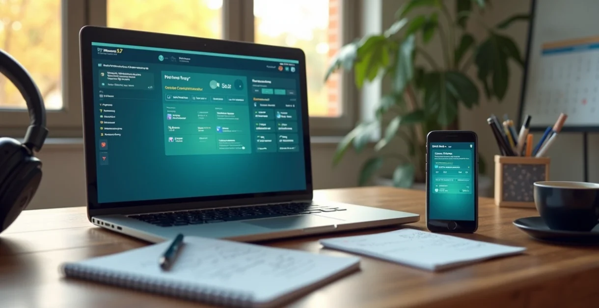 Tela de computador e celular exibindo sistema de gestão escolar para cursos livres com interface integrada ao WhatsApp e controle de pagamentos digitais
