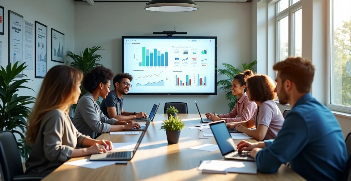 Equipe escolar reunida em volta de mesa com tablets e computadores, discutindo estratégias para retenção de alunos