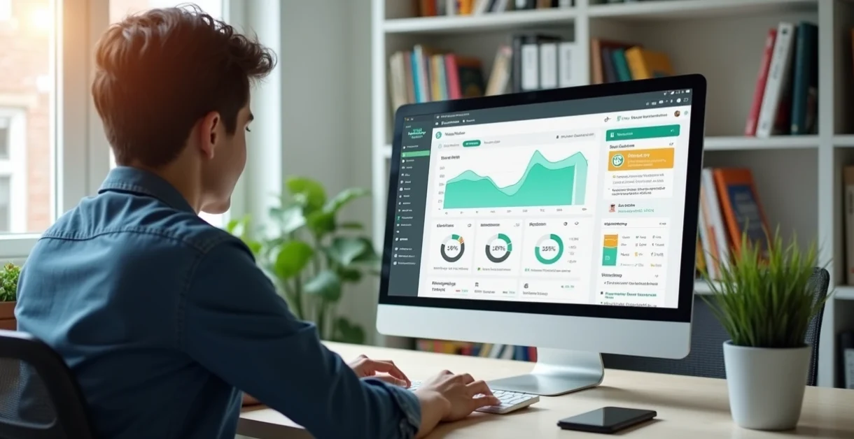 Profissional em ambiente escolar usando sistema de gestão em computador com gráficos e notificações no WhatsApp na tela