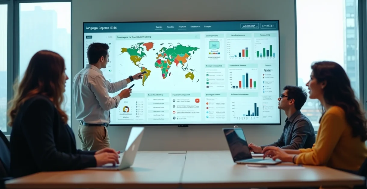 Painel digital de gestão escolar com mapas de idiomas em sala moderna