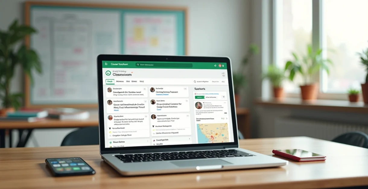 Computador aberto mostrando a interface do Google Classroom com professores e alunos interagindo digitalmente