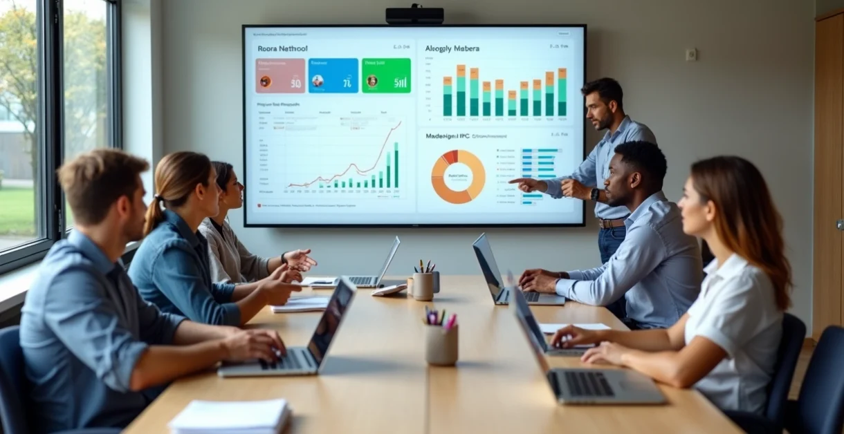 Equipe escolar reunida em mesa de trabalho analisando painel digital de gestão