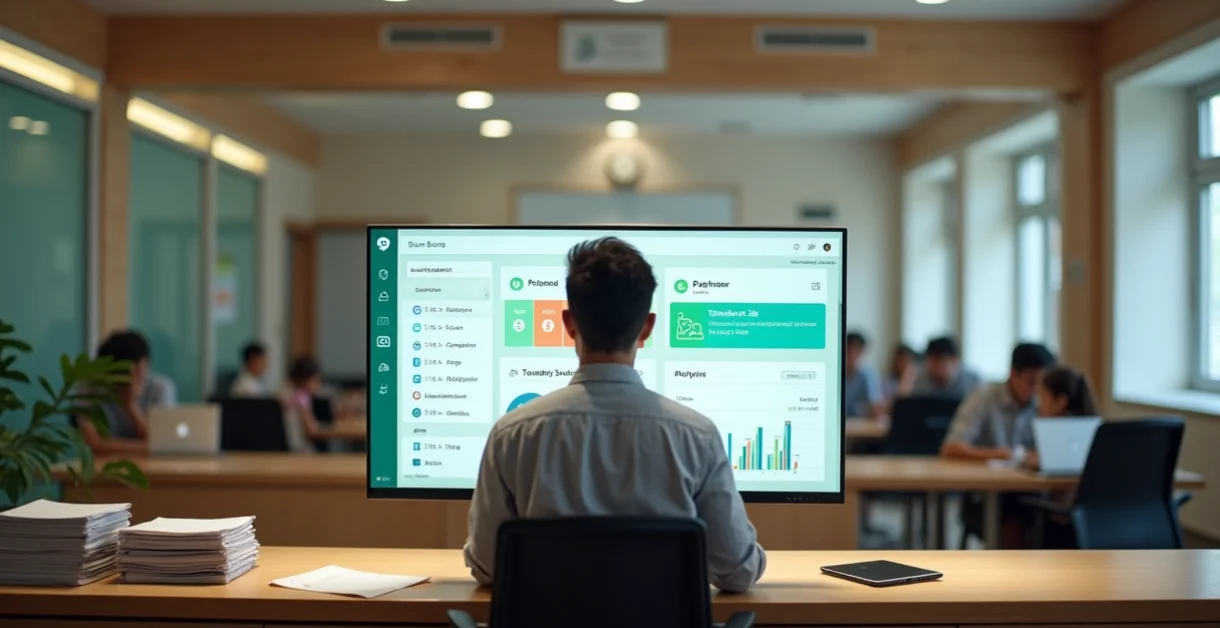 Secretaria escolar moderna com atendente usando painel digital centralizado