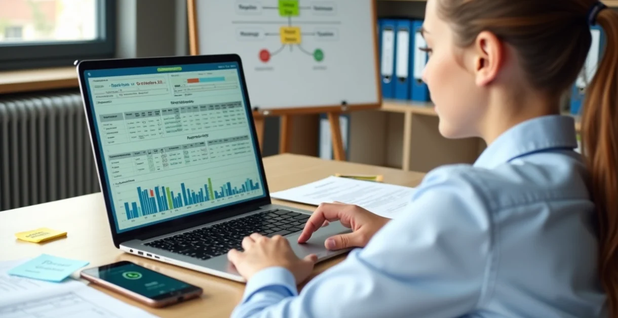 Gestor escolar analisando plano de gestão com gráficos e cronograma em notebook