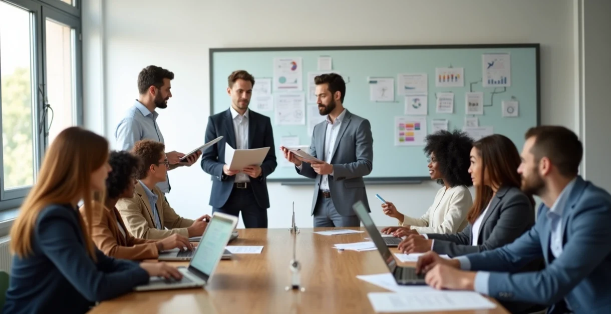 Equipe escolar reunida em sala iluminada discutindo estratégias de gestão escolar com laptops e documentos