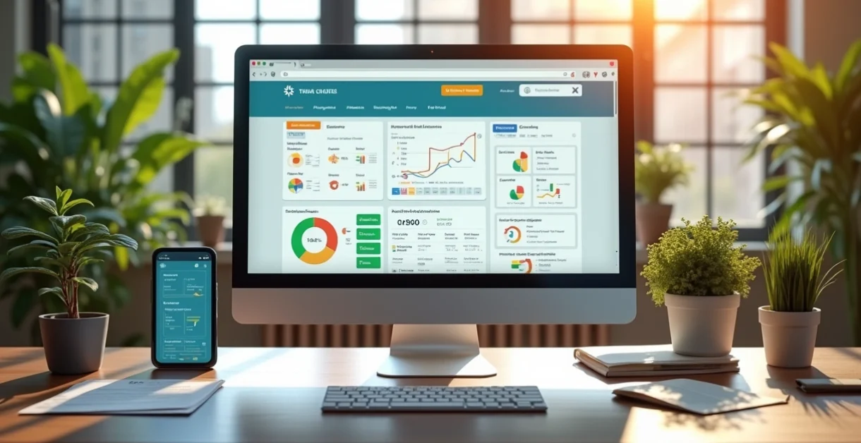 Computador com sistema de gestão escolar aberto na tela em ambiente de escritório moderno e organizado