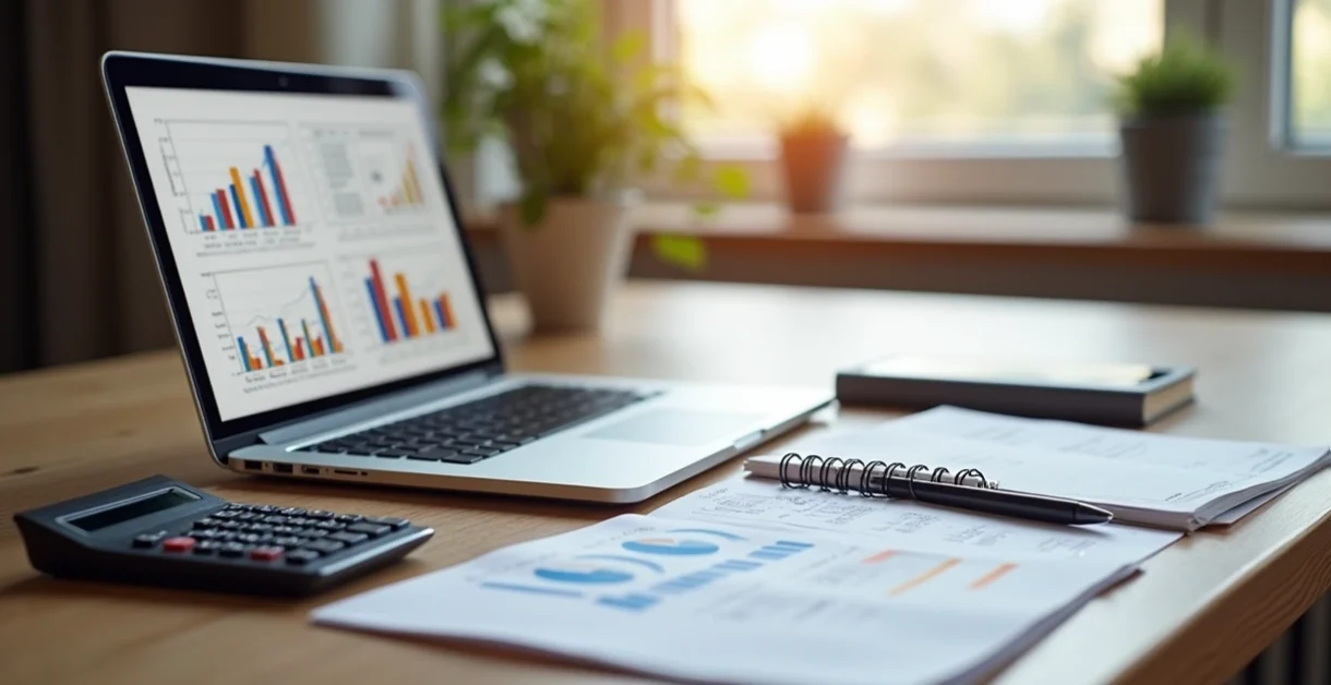 Mesa organizada com computador, calculadora, planilhas financeiras e caderno para gestão financeira de cursos livres