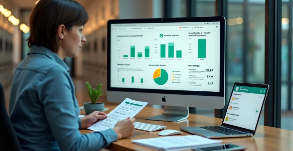 Gestor escolar analisando painel financeiro com dados de inadimplência