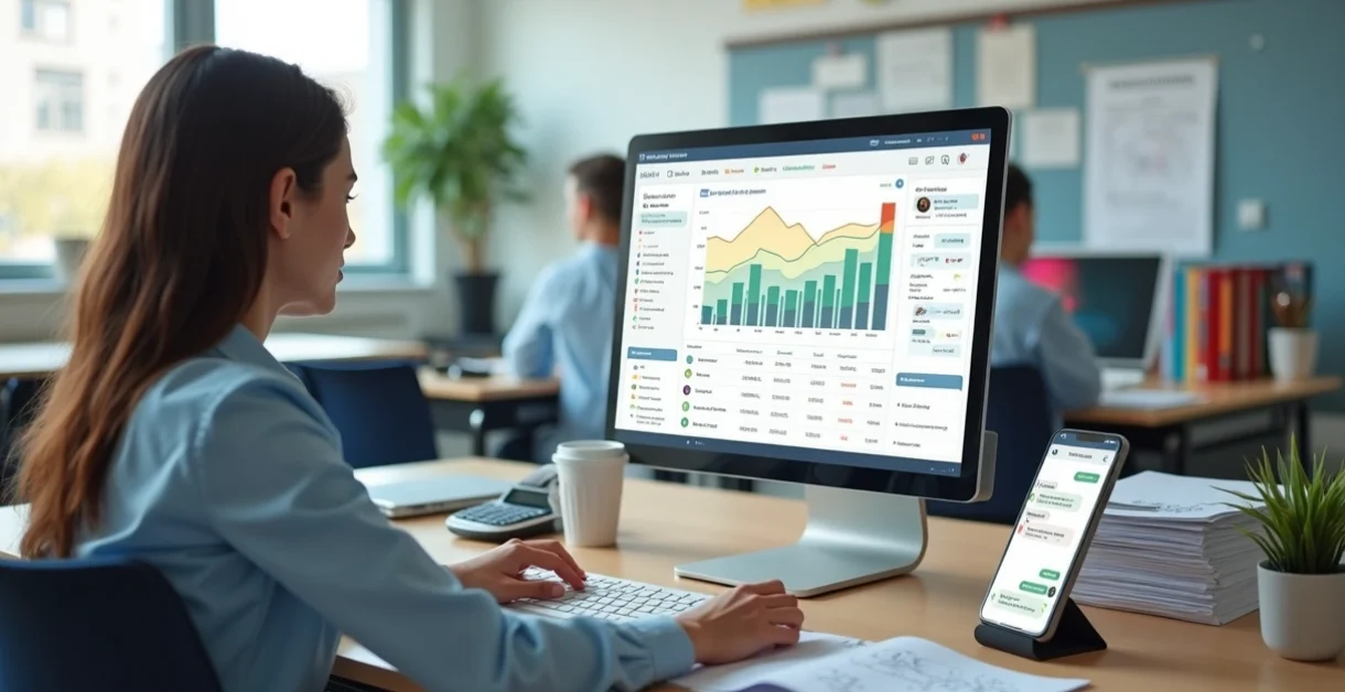 Gestor escolar analisando inadimplência em painel financeiro digital