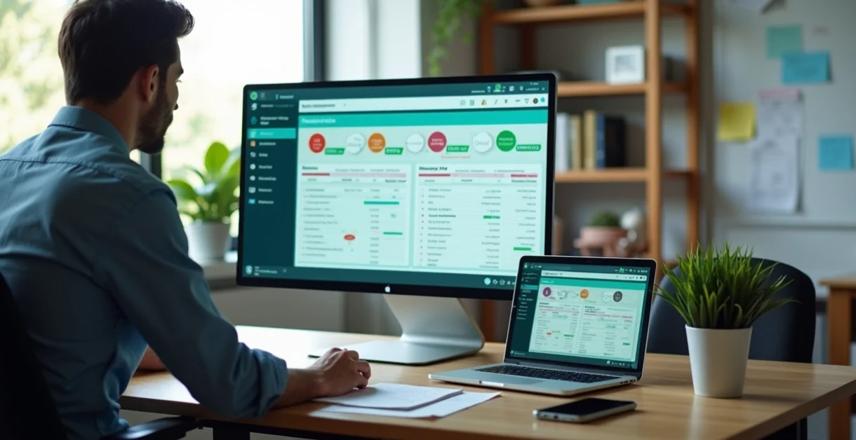 Gestor educacional analisando painel digital de gestão de cursos na tela do computador