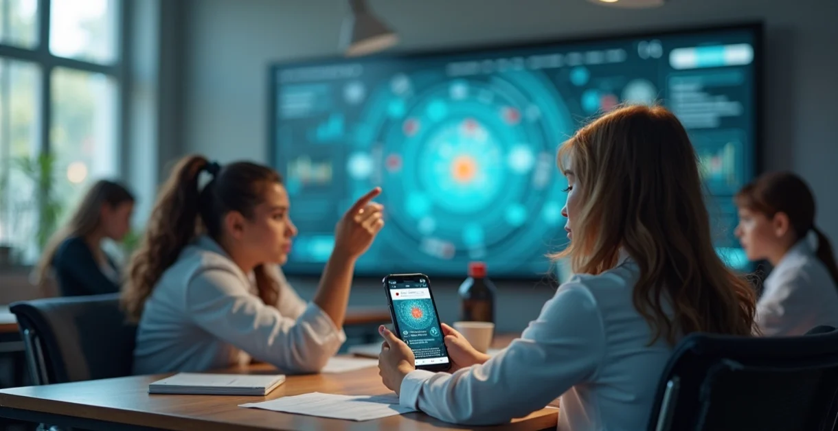 Gestores escolares usando plataforma de gestão integrada em computador com notificações no celular em ambiente moderno de escola