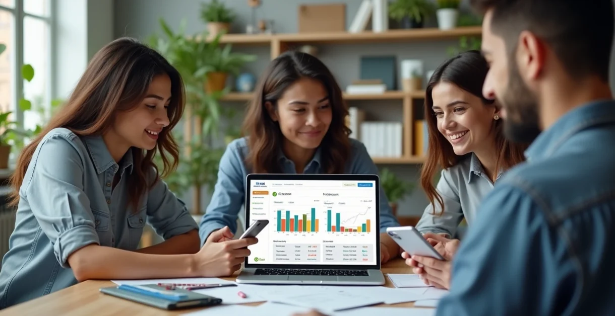 Equipe escolar usando computador com gráficos e mensagens de vendas no WhatsApp em ambiente moderno