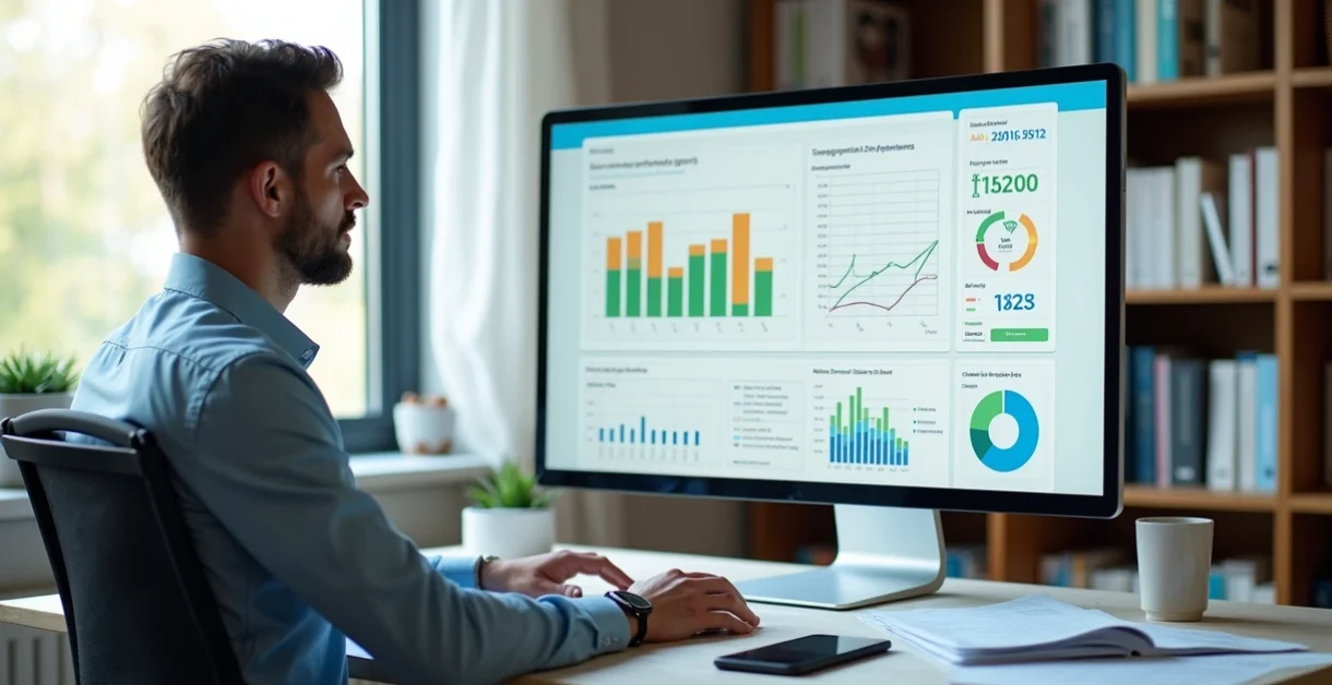 Gestor analisando relatório de desempenho com gráficos e tabelas em tela de computador