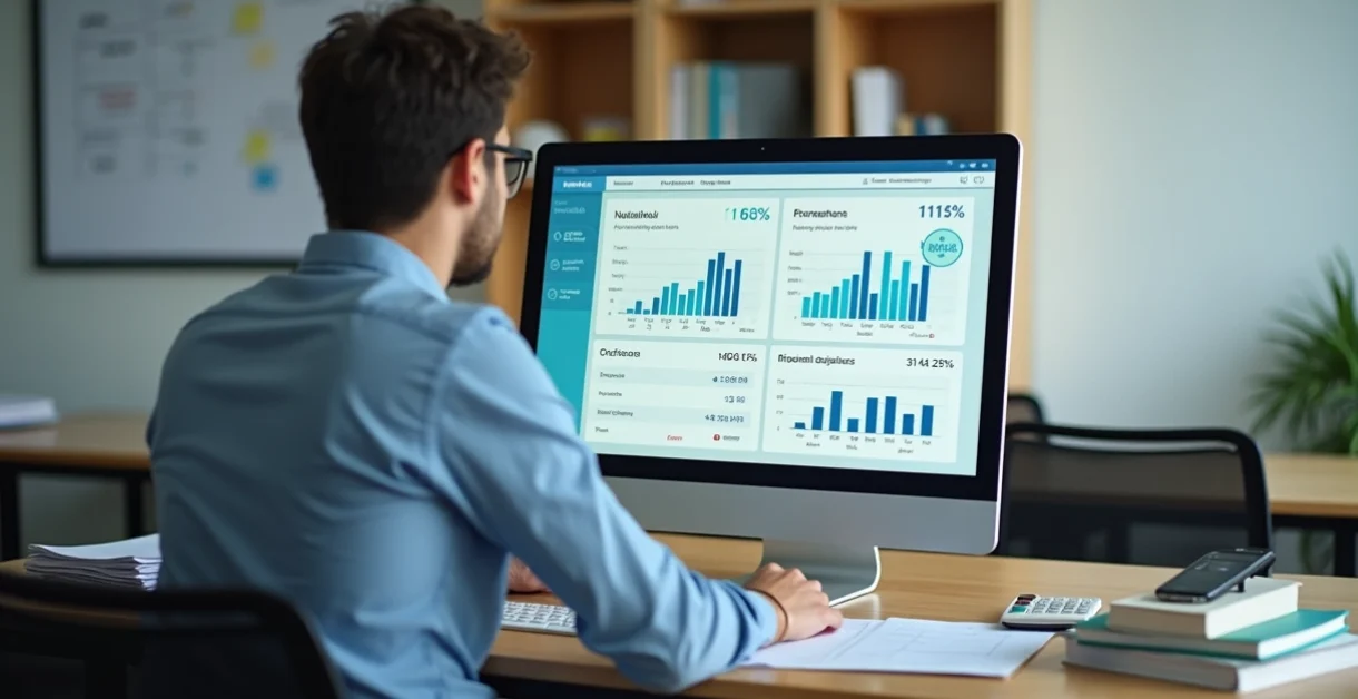 Gestor escolar analisando retorno financeiro de sistema de gestão no computador
