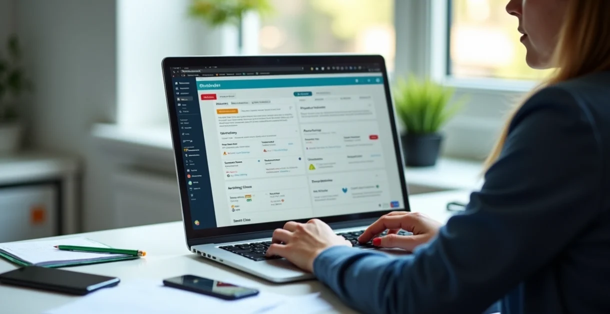 Gestor usando computador com portal do aluno aberto na tela, mostrando comunicação, pagamentos e documentos digitais
