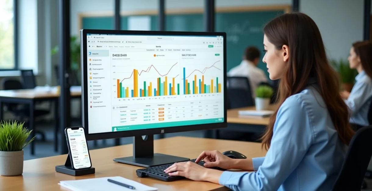 Gestor escolar analisando controle financeiro no computador em sala de reunião
