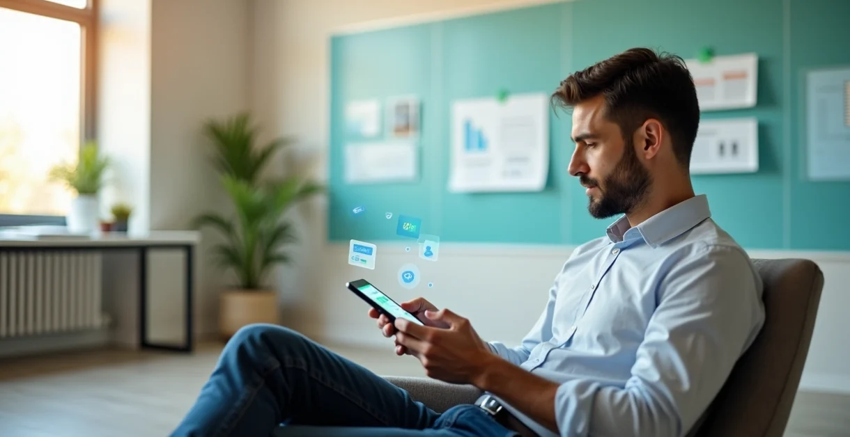 Gestor de curso livre relaxado usando app em smartphone enquanto material físico é organizado sozinho ao fundo