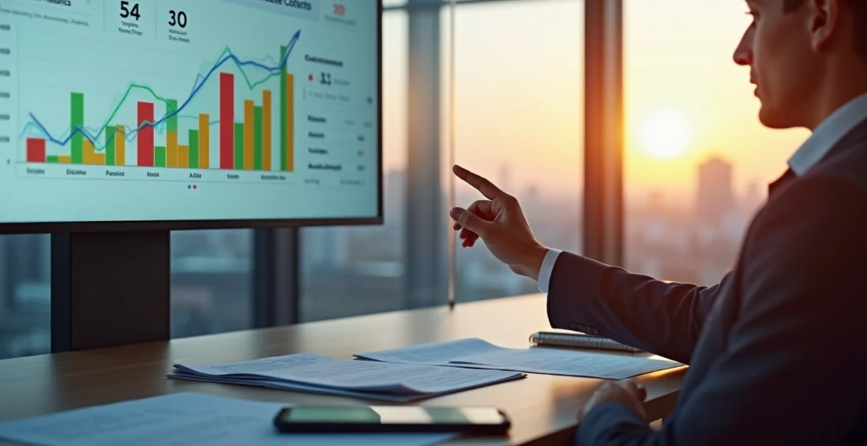 Gestor de cursos livres ajusta painel financeiro digital em sala de reunião moderna