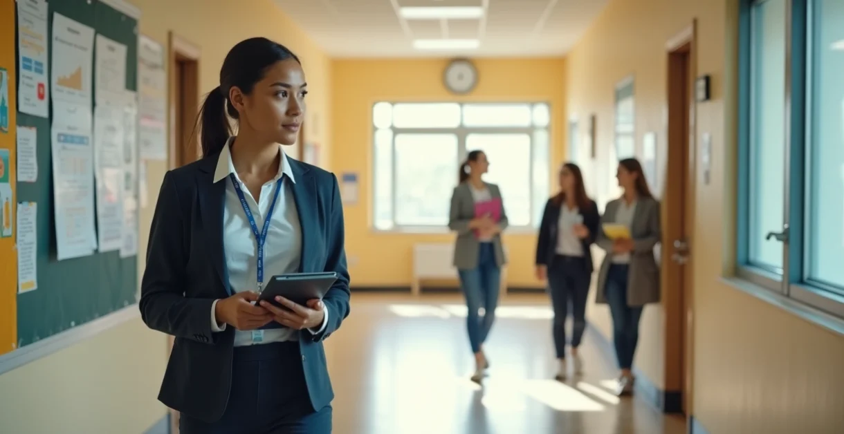 Gestor escolar caminhando em corredor organizando rotina com tecnologia