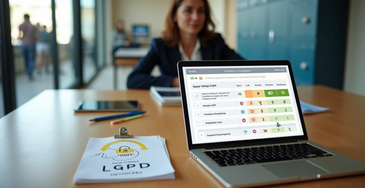 Gestor escolar analisa critérios de ERP educacional e LGPD em notebook