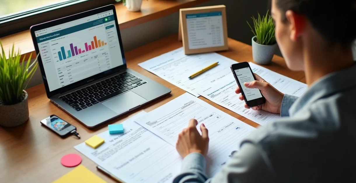 Gestor organizando documentos de matrículas com laptop, calendários e listas de alunos